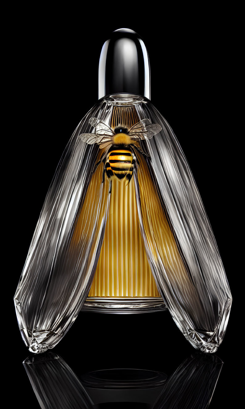 Luxurious Glass Perfume Bottle with Golden Hue and Silver Bee Design