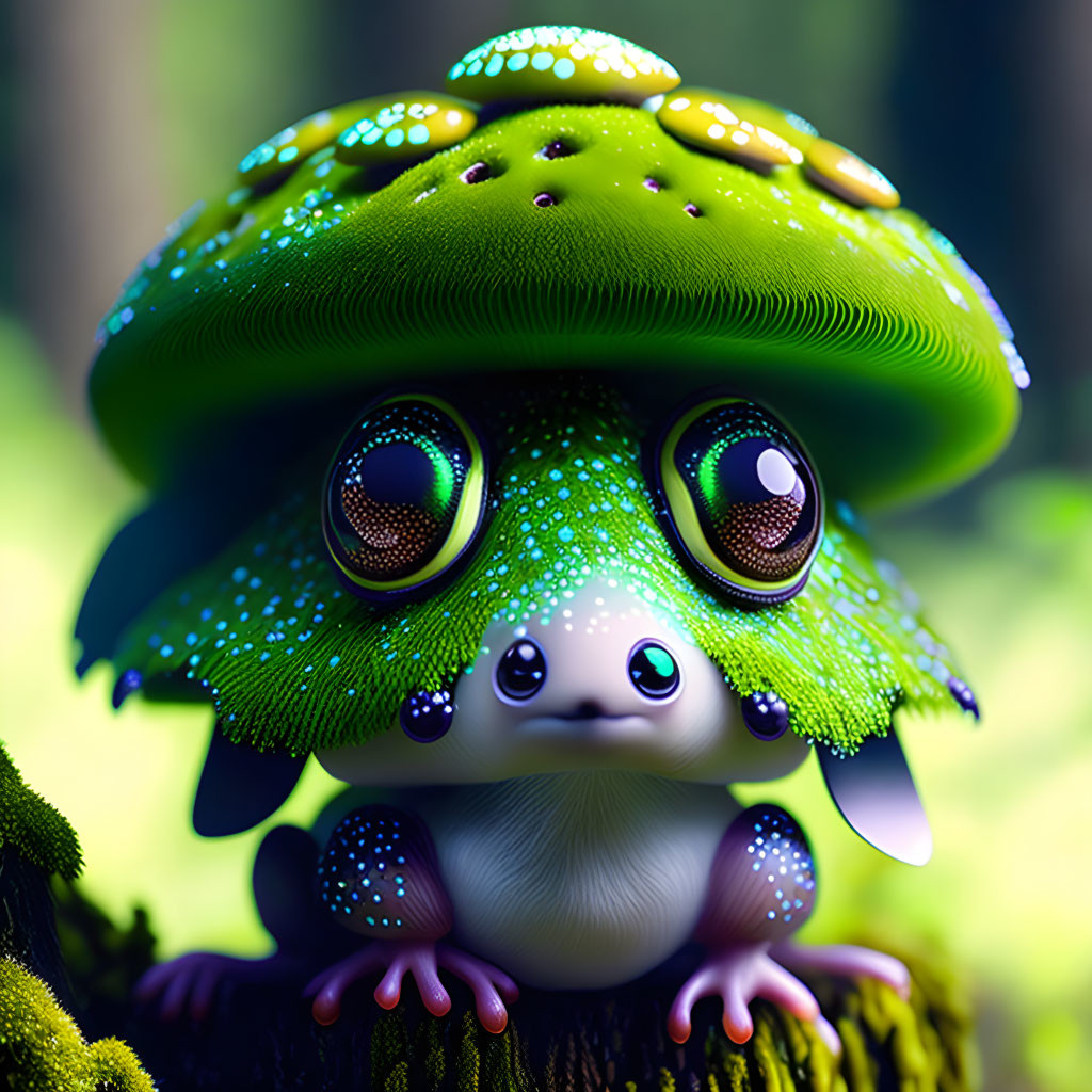 Colorful frog with mushroom cap in digital art