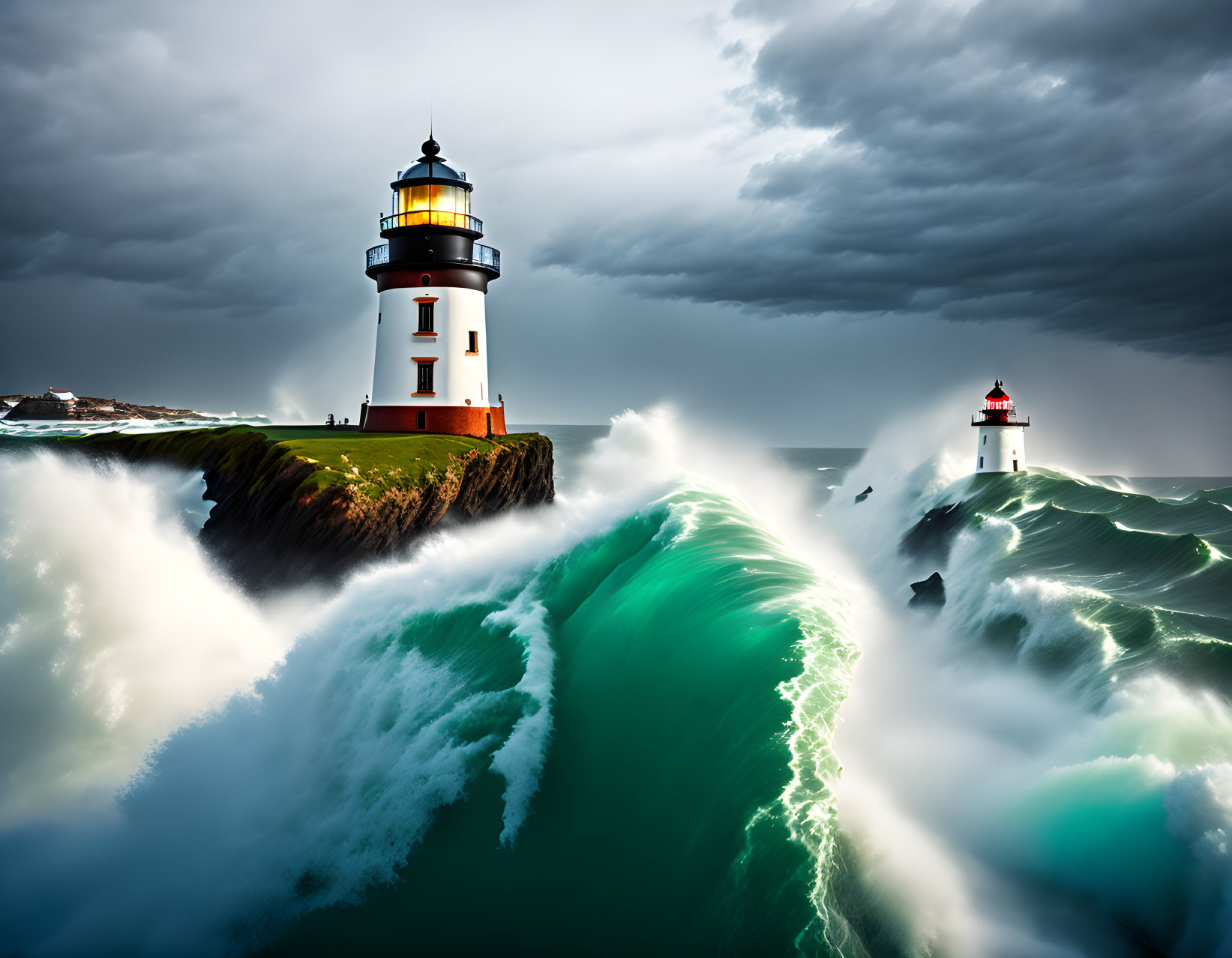 Stormy Seascape with Towering Waves and Lighthouse on Rugged Coastline