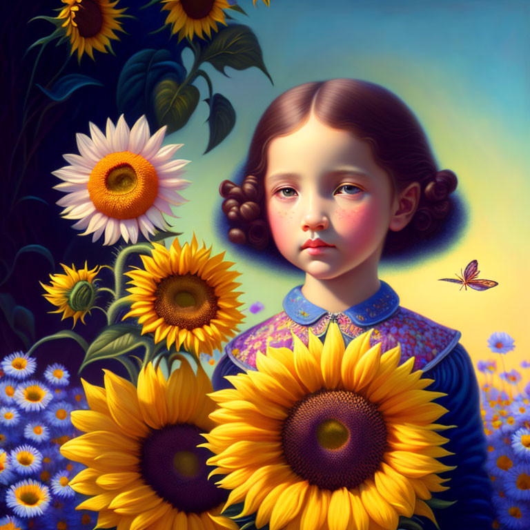 Young girl portrait with sunflowers, butterfly, and vibrant backdrop