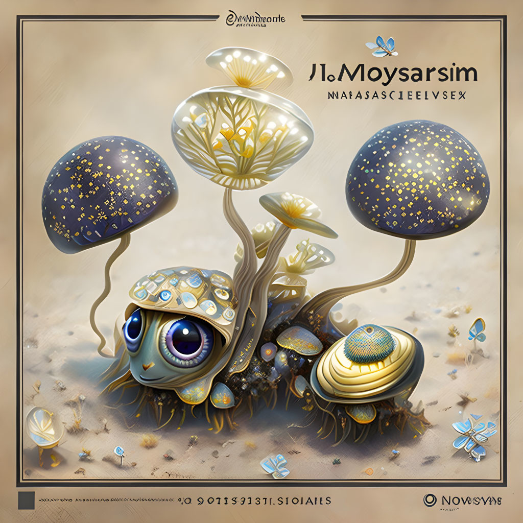 Fantasy landscape: Turtle with mushroom shell, glowing mushrooms, butterflies