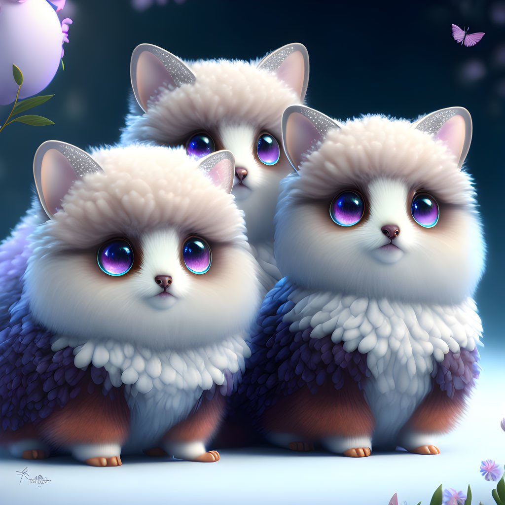 Whimsical fluffy creatures with large sparkling eyes in nighttime scene