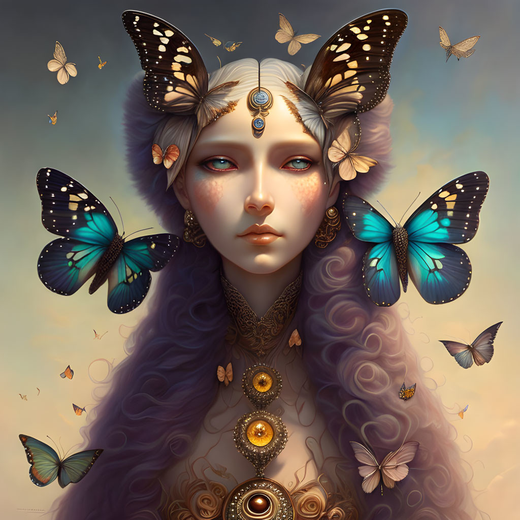 Fantastical female figure with butterfly adornments and ornate golden jewelry in ambient setting.