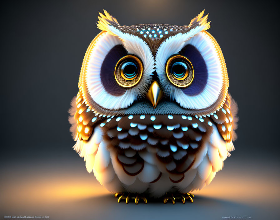 Colorful 3D illustration: Cute owl with large eyes and intricate feathers in warm lighting