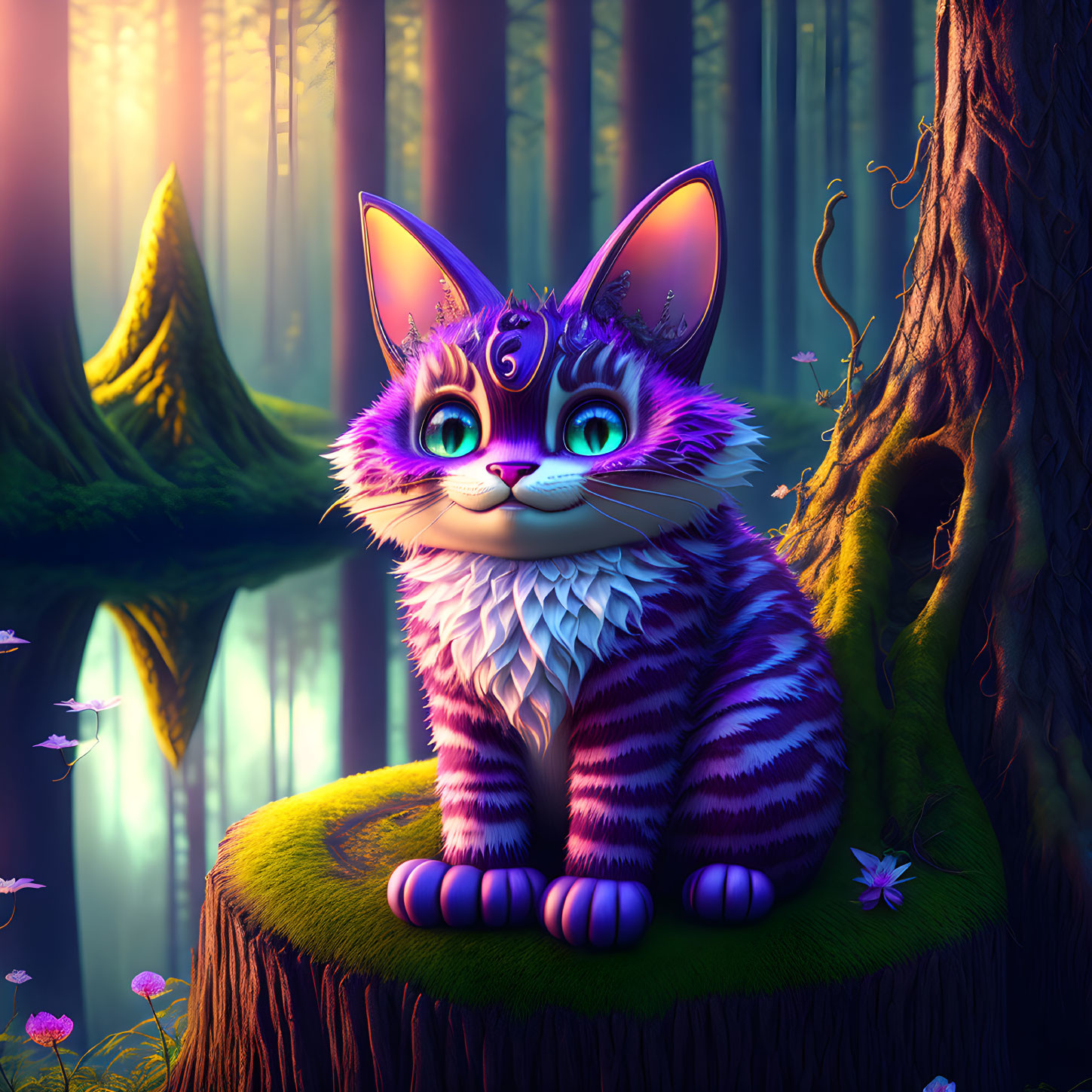 Colorful Illustration of Striped Cat in Enchanted Forest