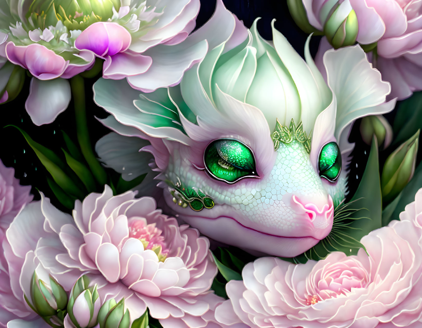 White Dragon Surrounded by Flowers and Intricate Details