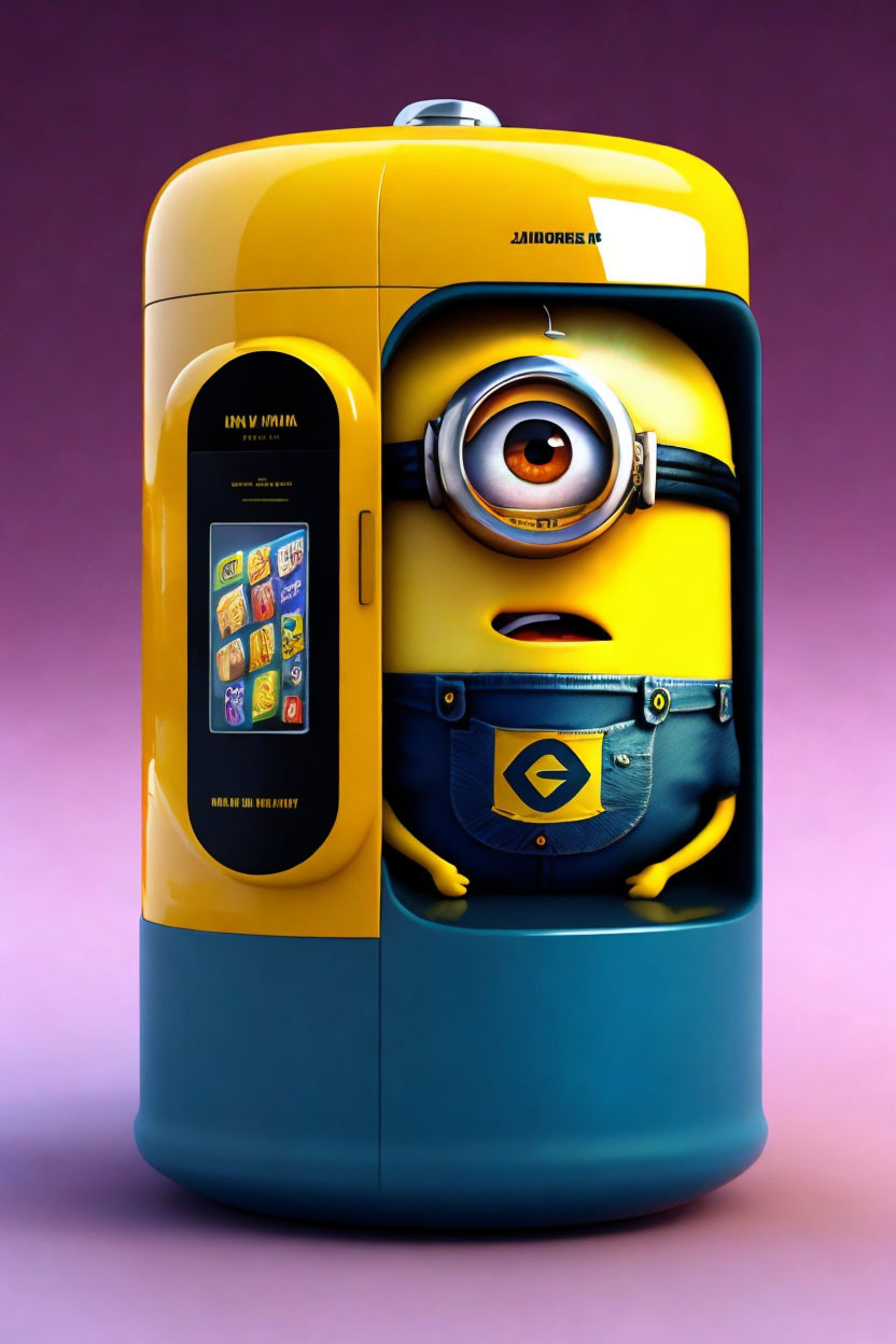 Minion-Themed Refrigerator with Eye and Overalls Design