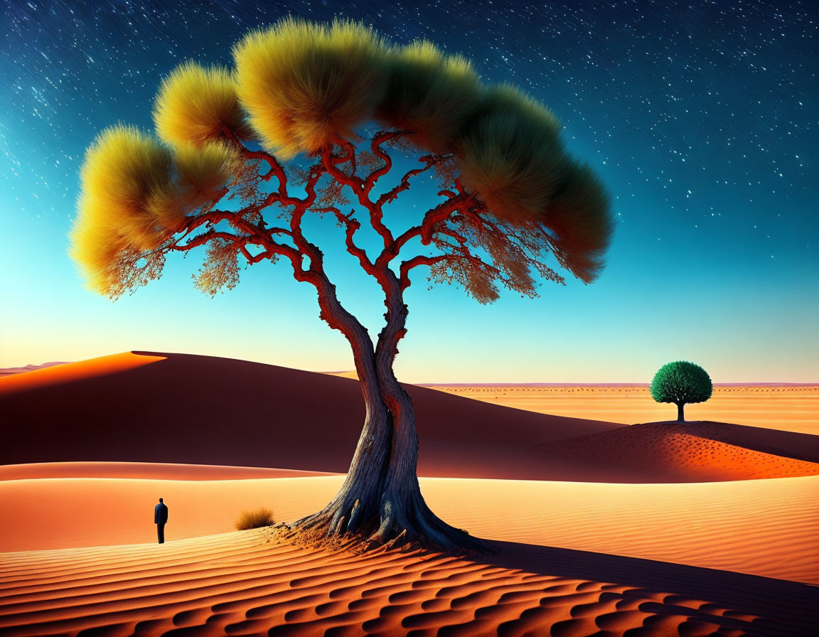 Solitary figure in desert under starry sky gazes at golden-leaved tree