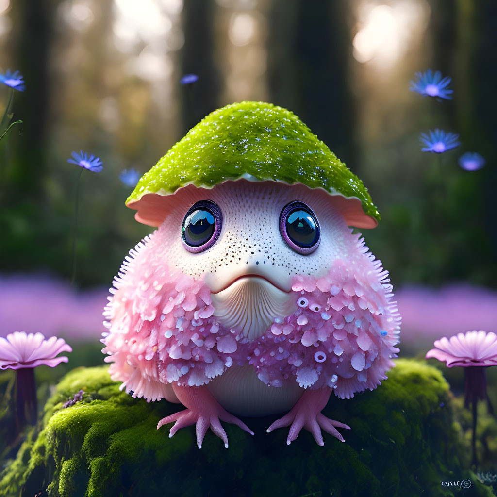 Illustration of whimsical creature with mushroom cap head and pink beard