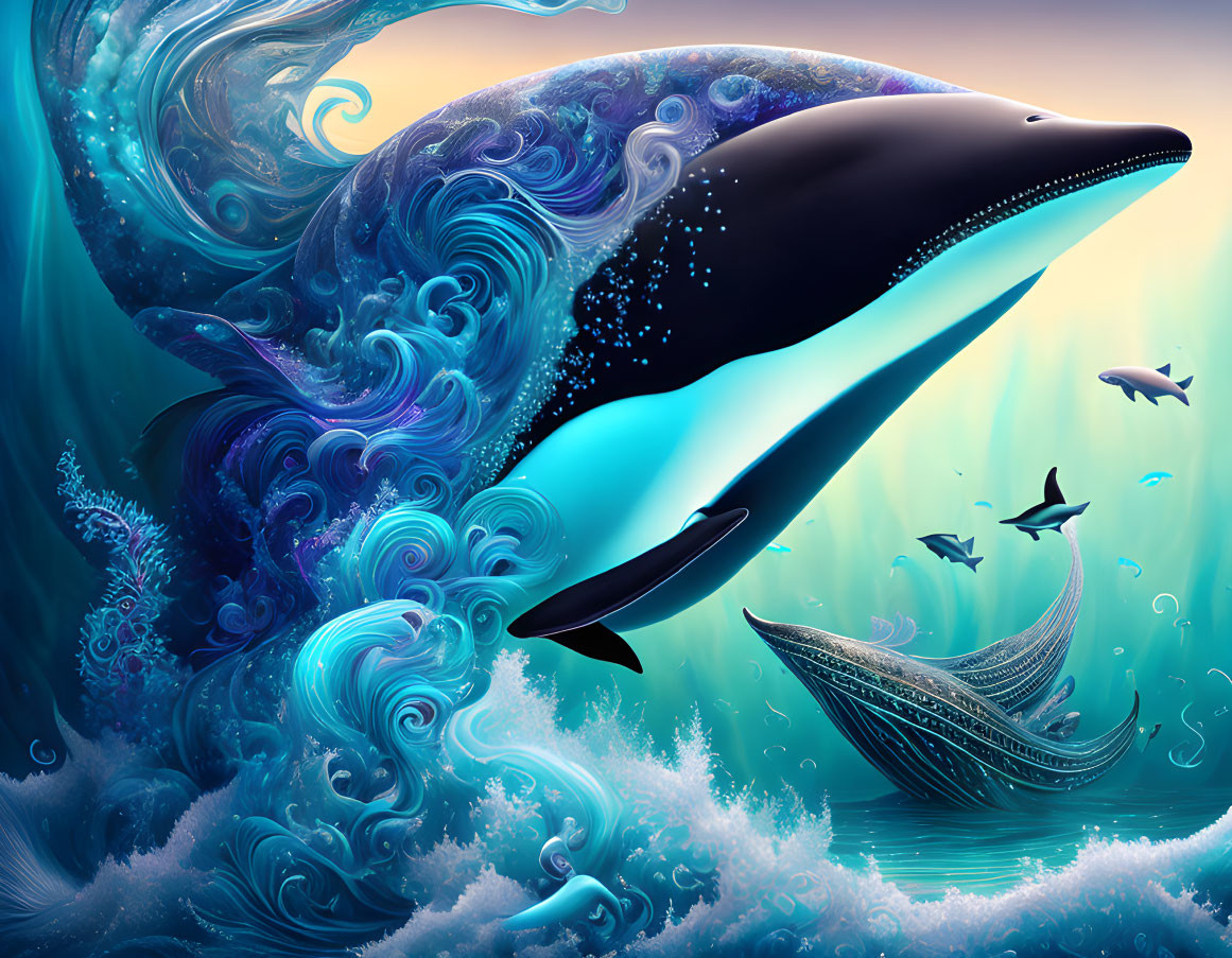 Majestic whale in swirling sea with ornate waves and marine life