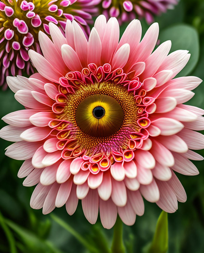 Pink Gerbera Daisy with Yellow Center Among Spiraling Flowers on Floral Background