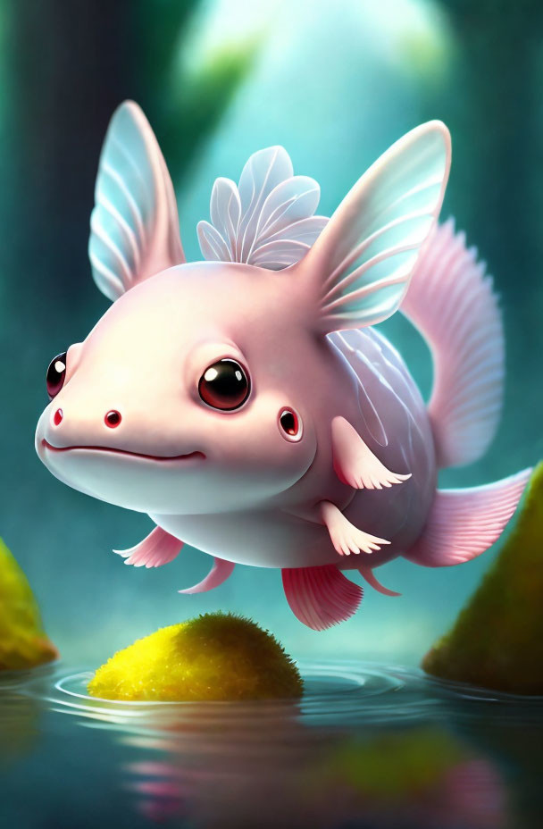 Pink axolotl illustration with expressive eyes and feathery gills in water.