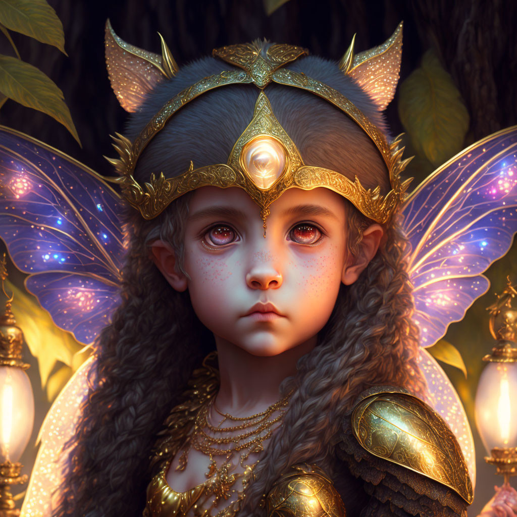 Child in Golden Headdress with Fairy Wings in Enchanted Forest