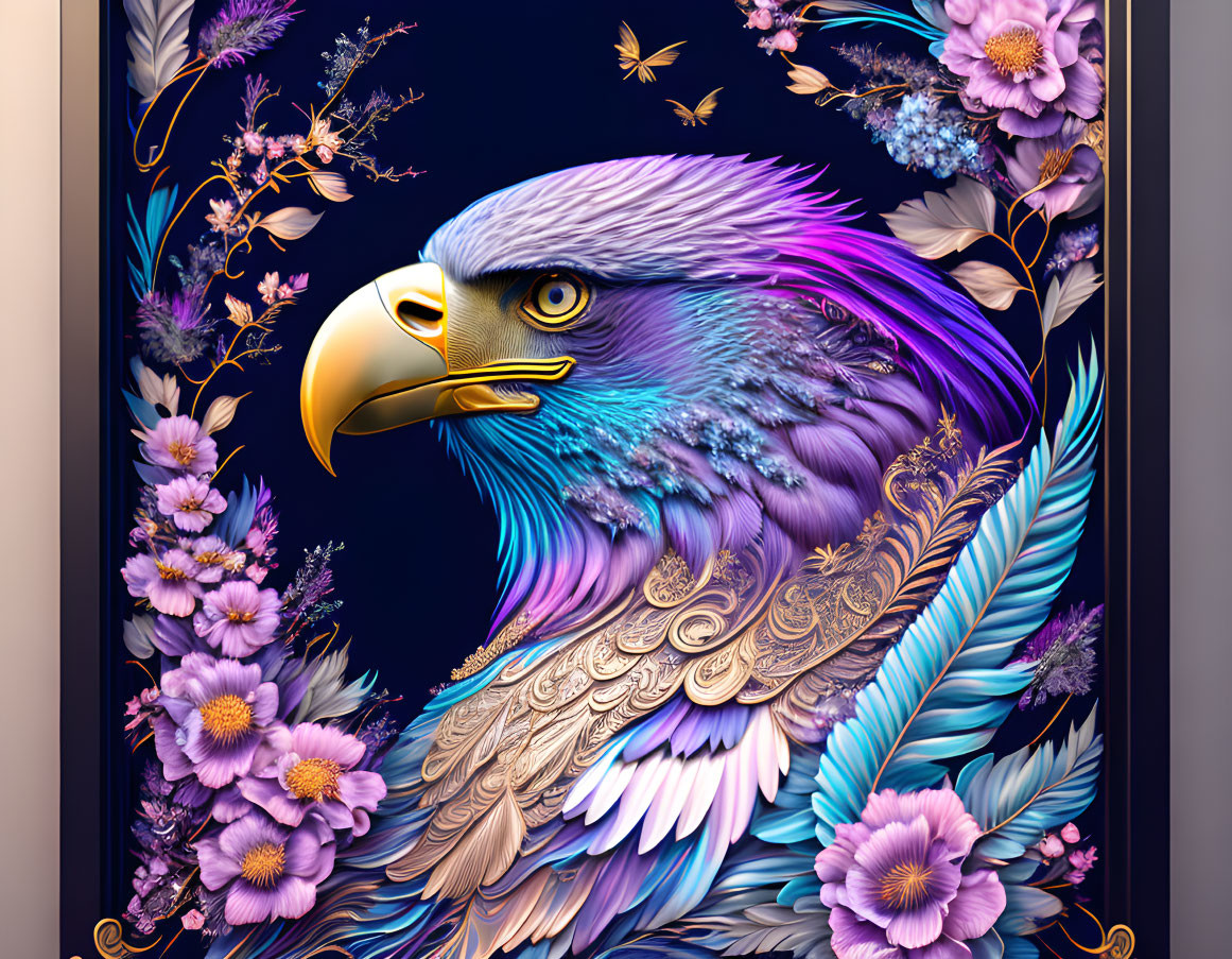 Detailed Colorful Eagle Illustration with Flowers and Feathers in Gold Frame