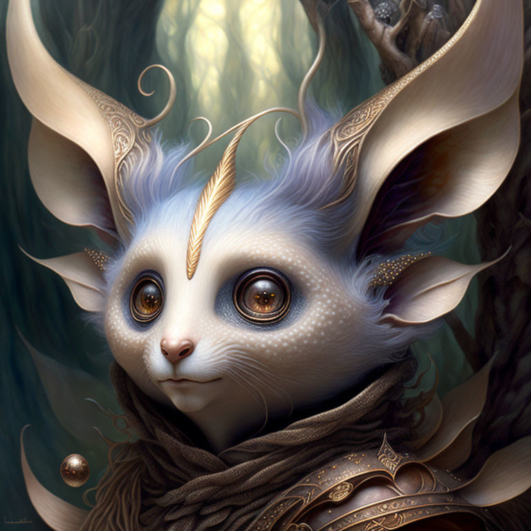Blue furry creature with large ears and ornate jewelry in a leafy setting