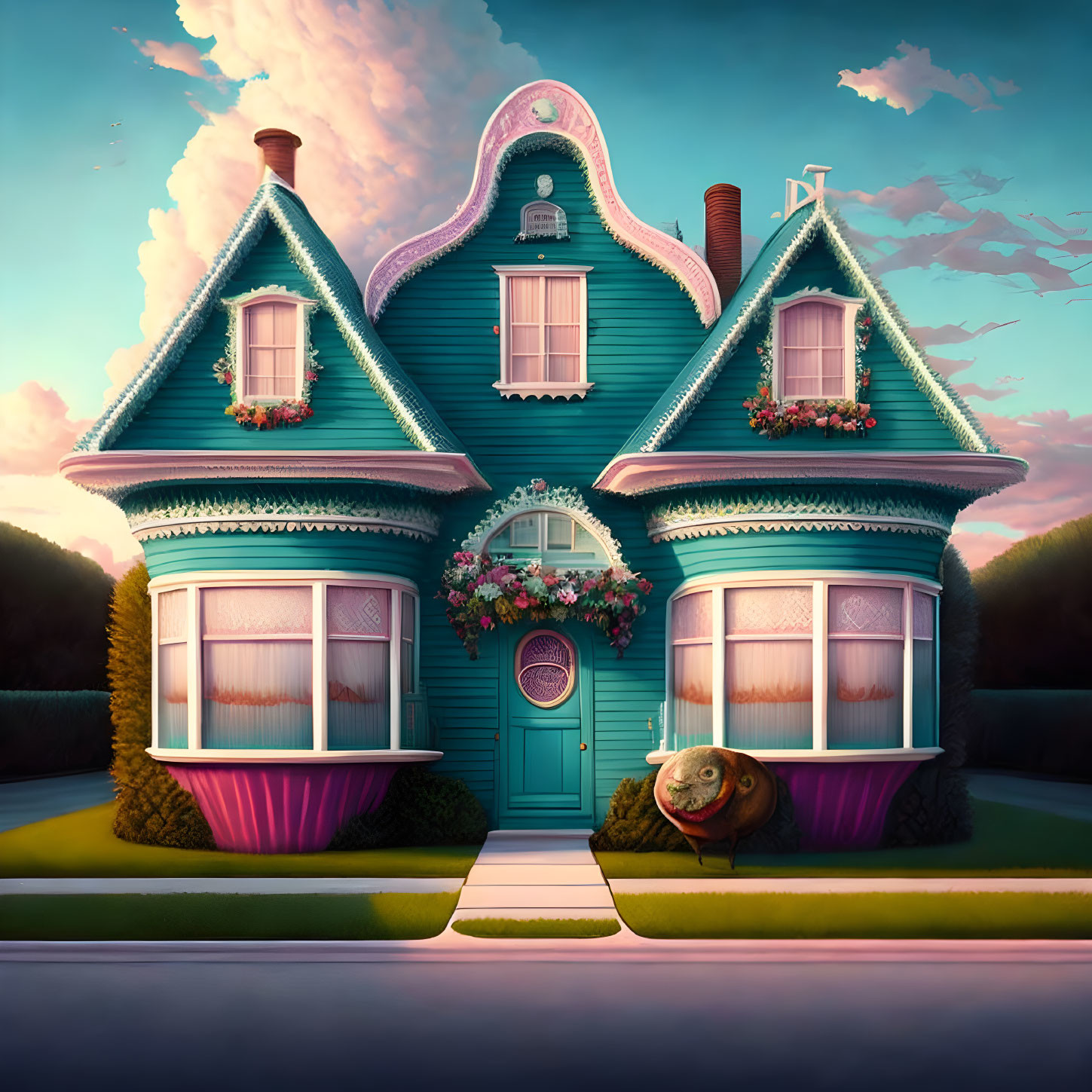 Symmetrical Blue Victorian House with Pink Accents and Snail at Dusk
