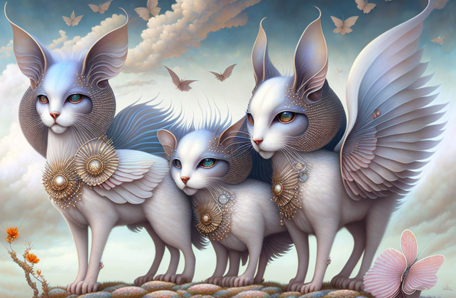Detailed fantasy illustration of three winged cats with large ears and intricate fur patterns, adorned with elegant chest