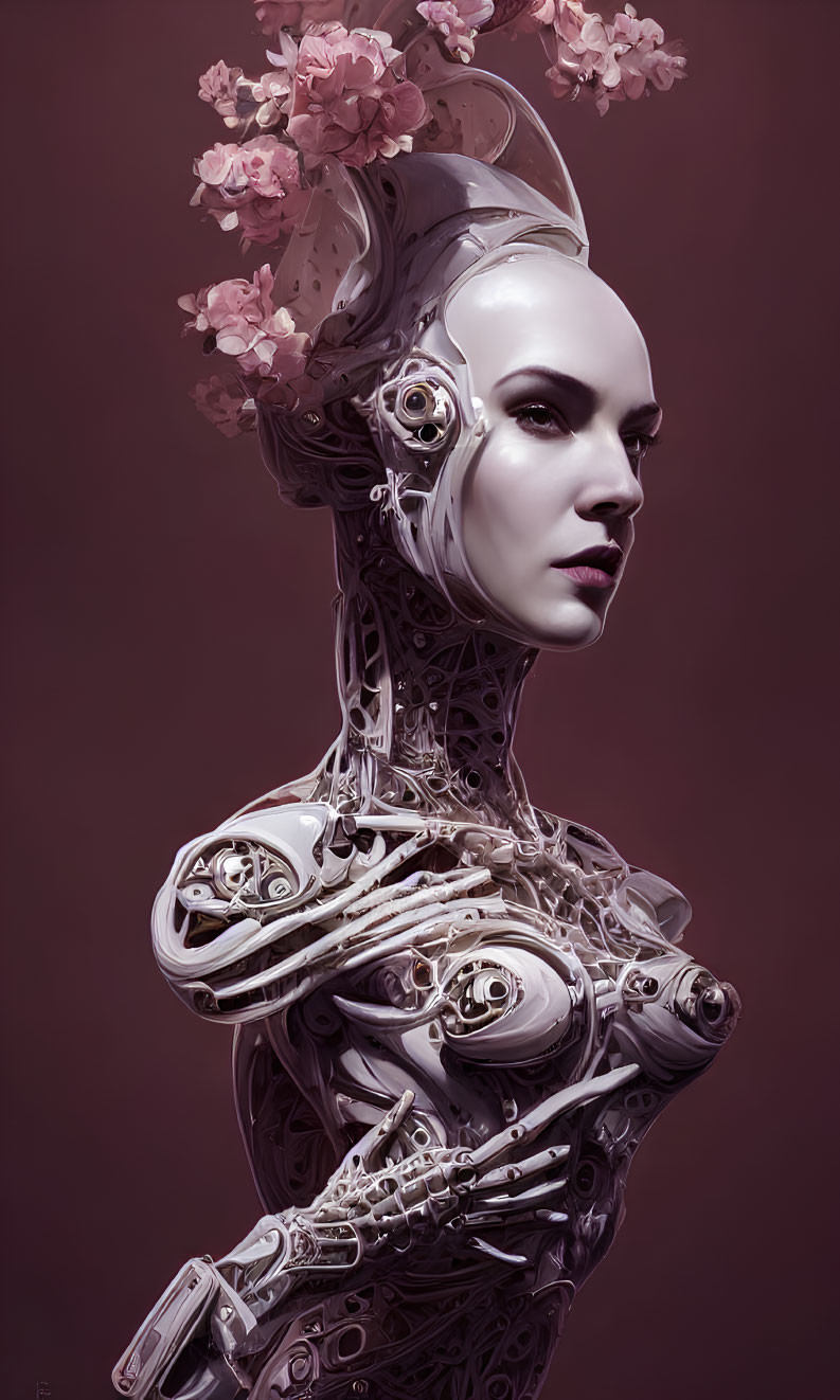 Female Android with Mechanical Details and Pink Blossoms