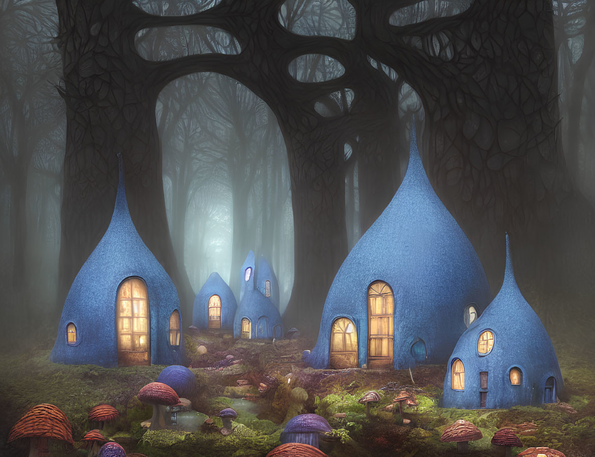 Mystical foggy forest with blue mushroom-shaped houses