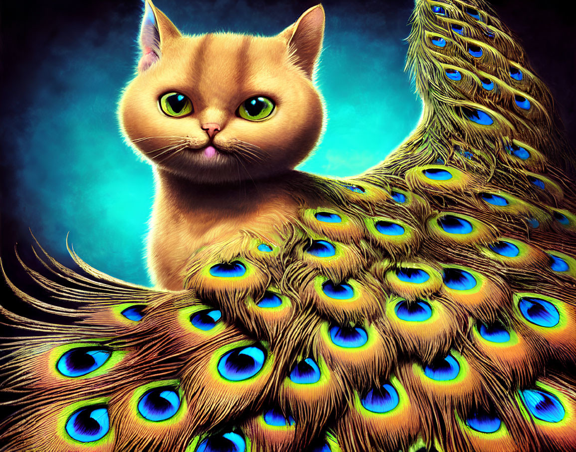 Colorful Cat Illustration with Peacock Feather Tail on Blue Background