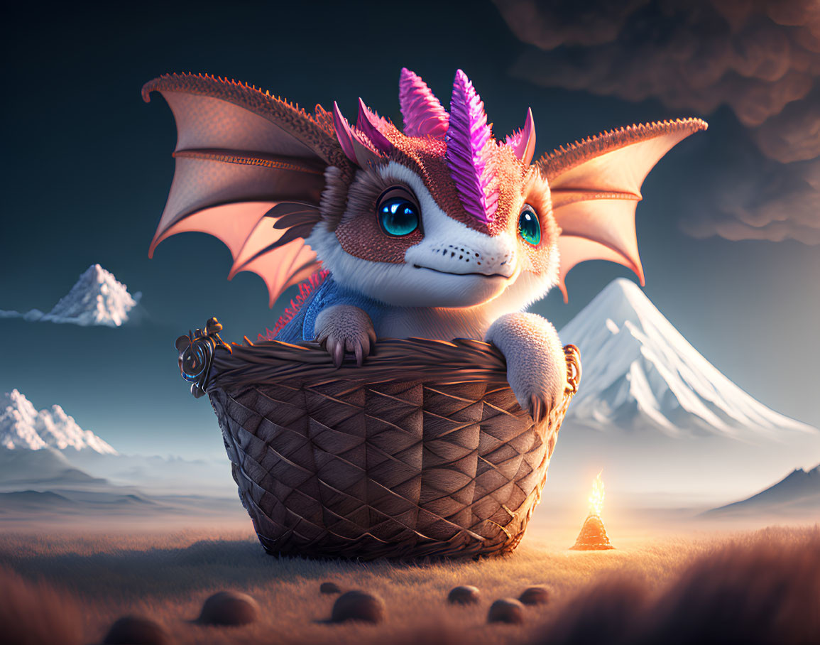 Dragon-like creature in woven basket on serene landscape with rolling hills and distant mountains.