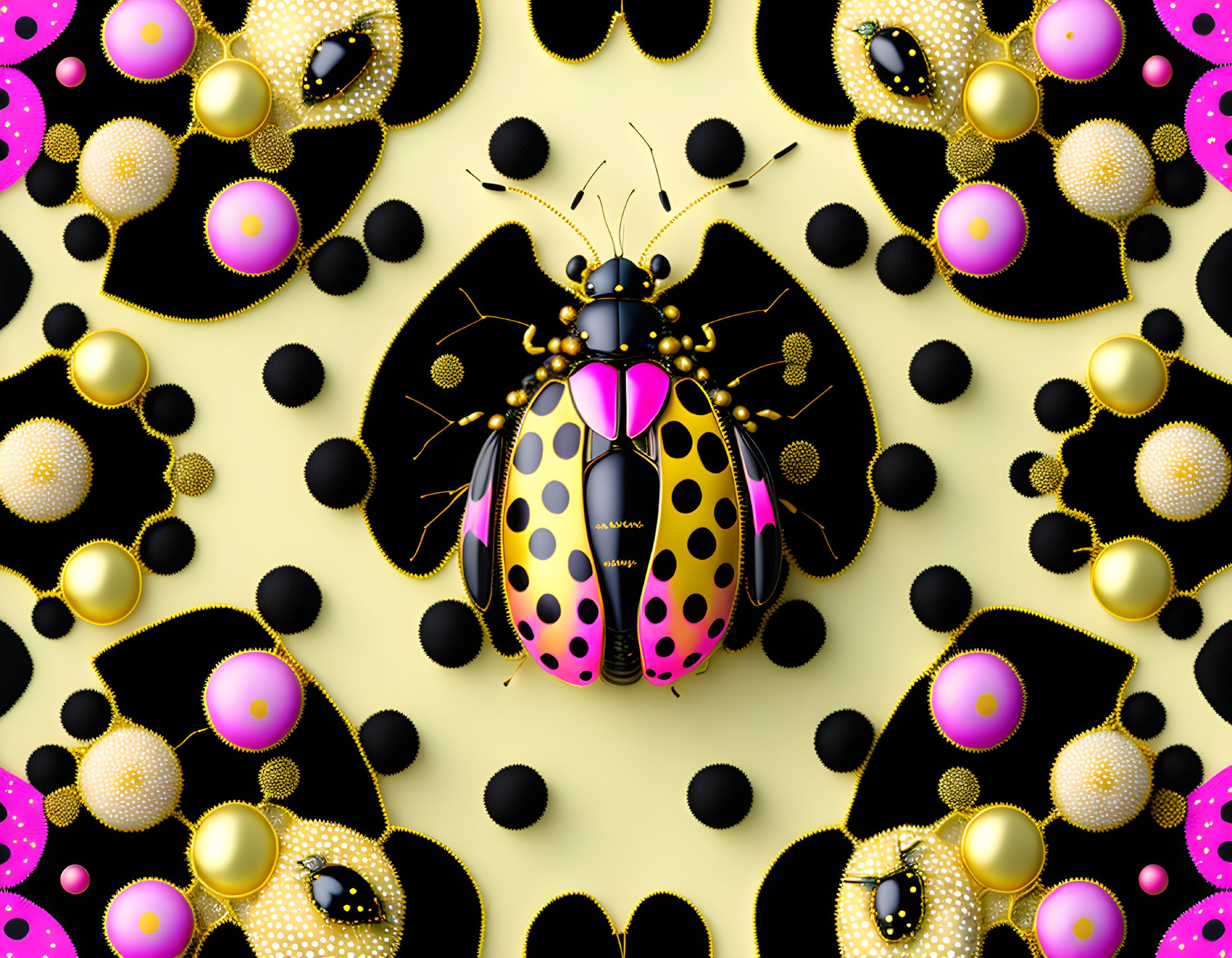 Vibrant digital illustration: patterned beetle with black, gold, and pink spots on yellow background