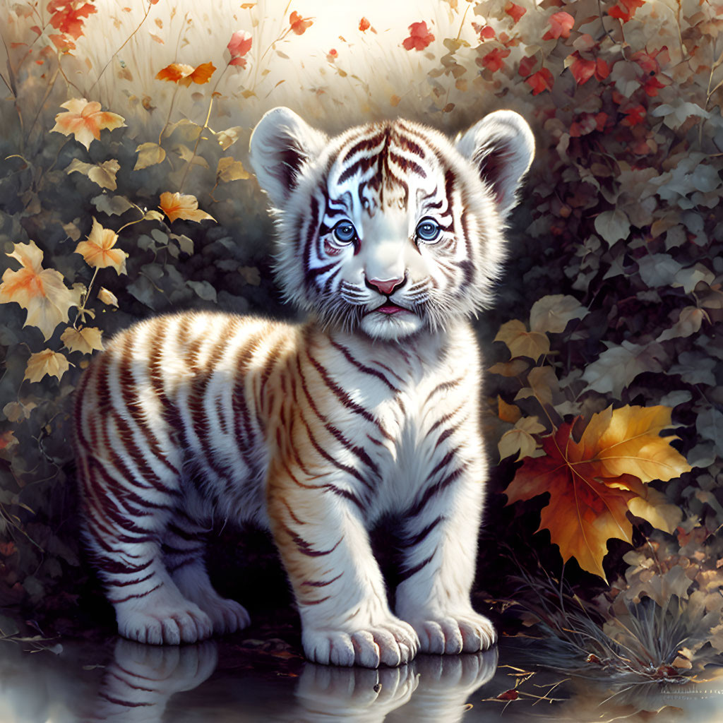 White Tiger Cub in Autumn Foliage with Striking Blue Eyes