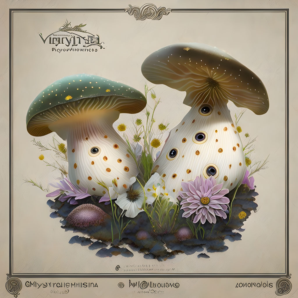 Anthropomorphic Mushroom Fantasy Illustration with Flowers and Fungi