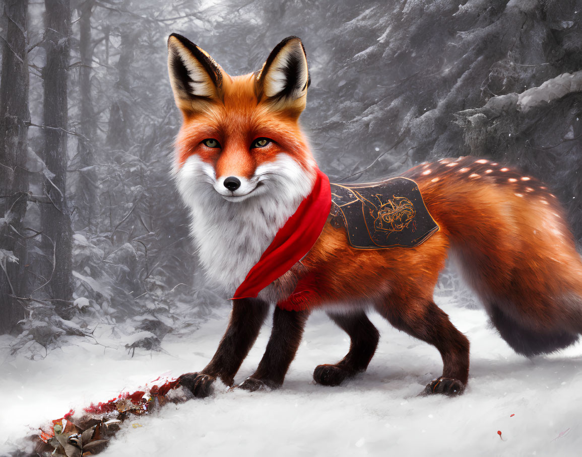 Colorful Fox in Snowy Forest with Red Scarf and Satchel
