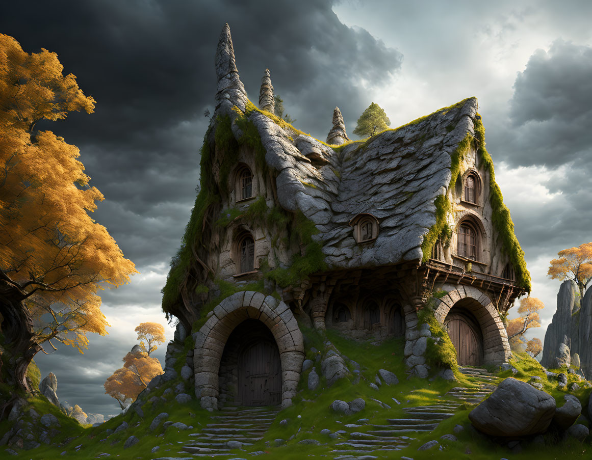 Mystical stone house with thatched roof in autumnal forest under dramatic sky