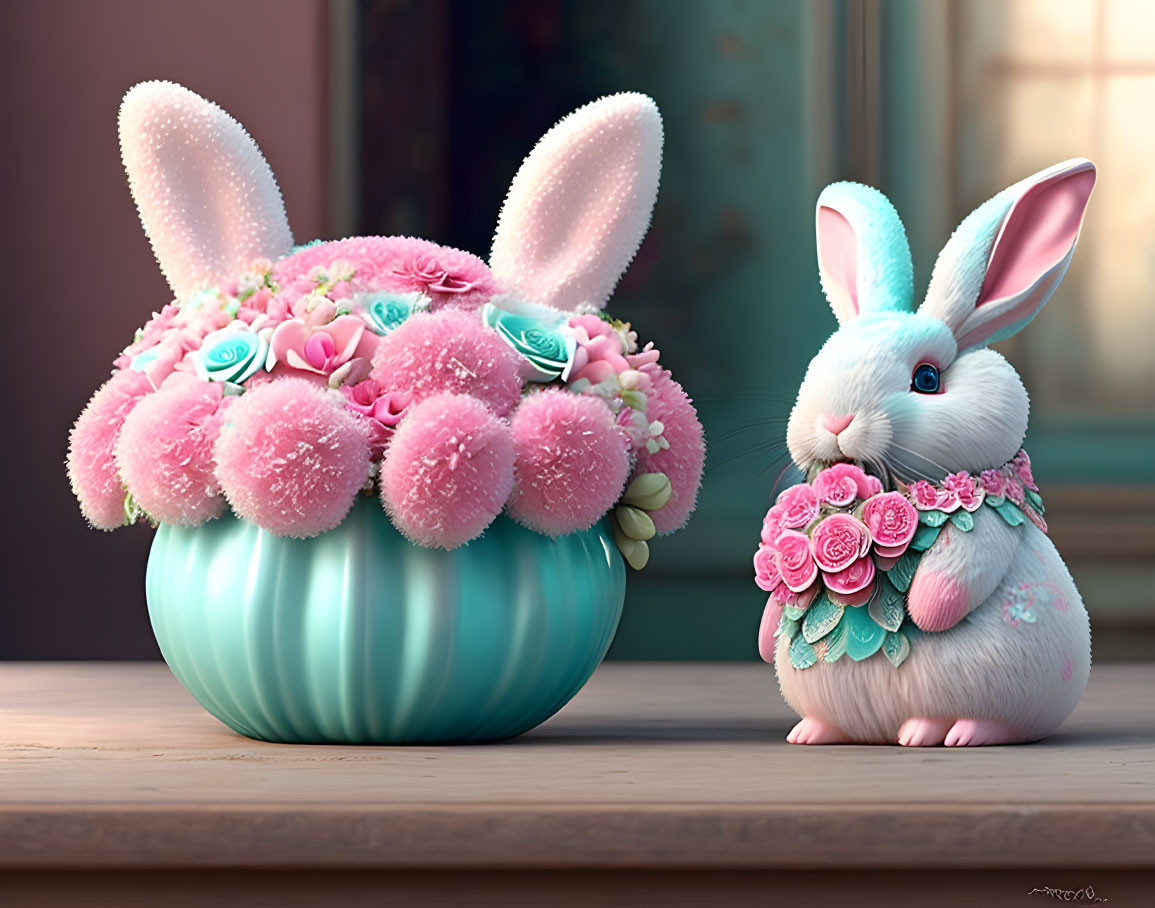 Whimsical bunny with roses in front of blooming cacti bouquet