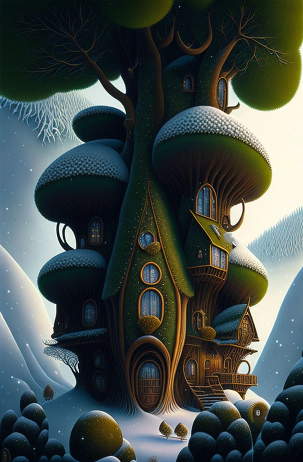 Whimsical illustration: Large tree with house-like structures in snowy night landscape