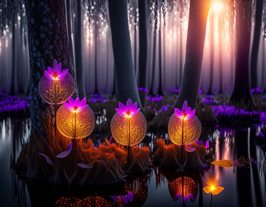 Enchanting forest with glowing flowers and trees in purple ambiance