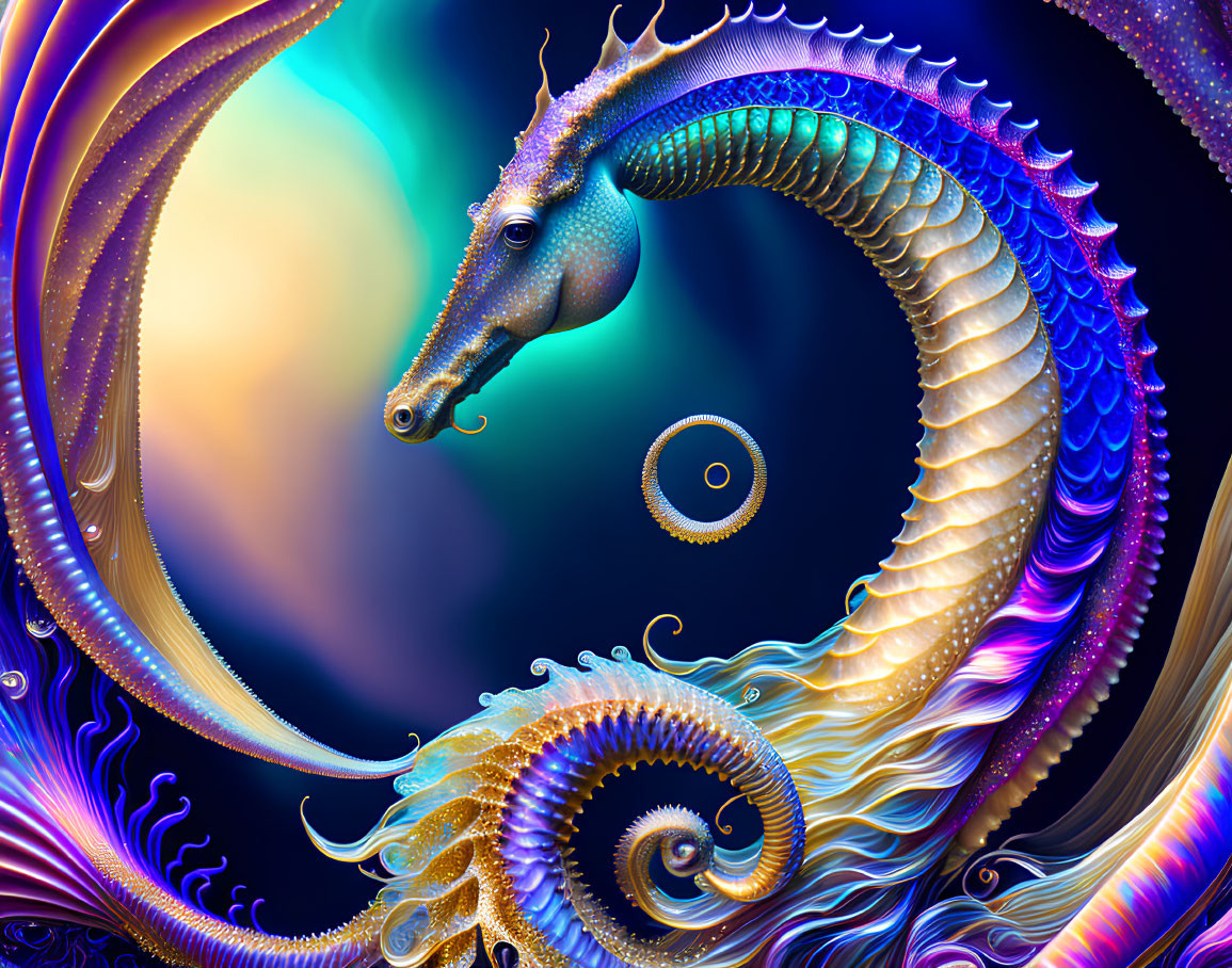 Colorful Digital Art: Stylized Seahorse with Cosmic Background