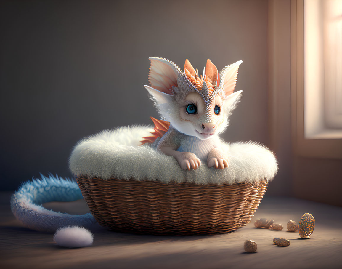 Fantasy creature in basket with white cushion, nuts, and coin by sunny window