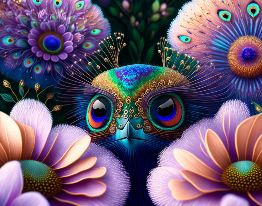 Colorful whimsical creature with peacock feather eyes in vibrant digital art