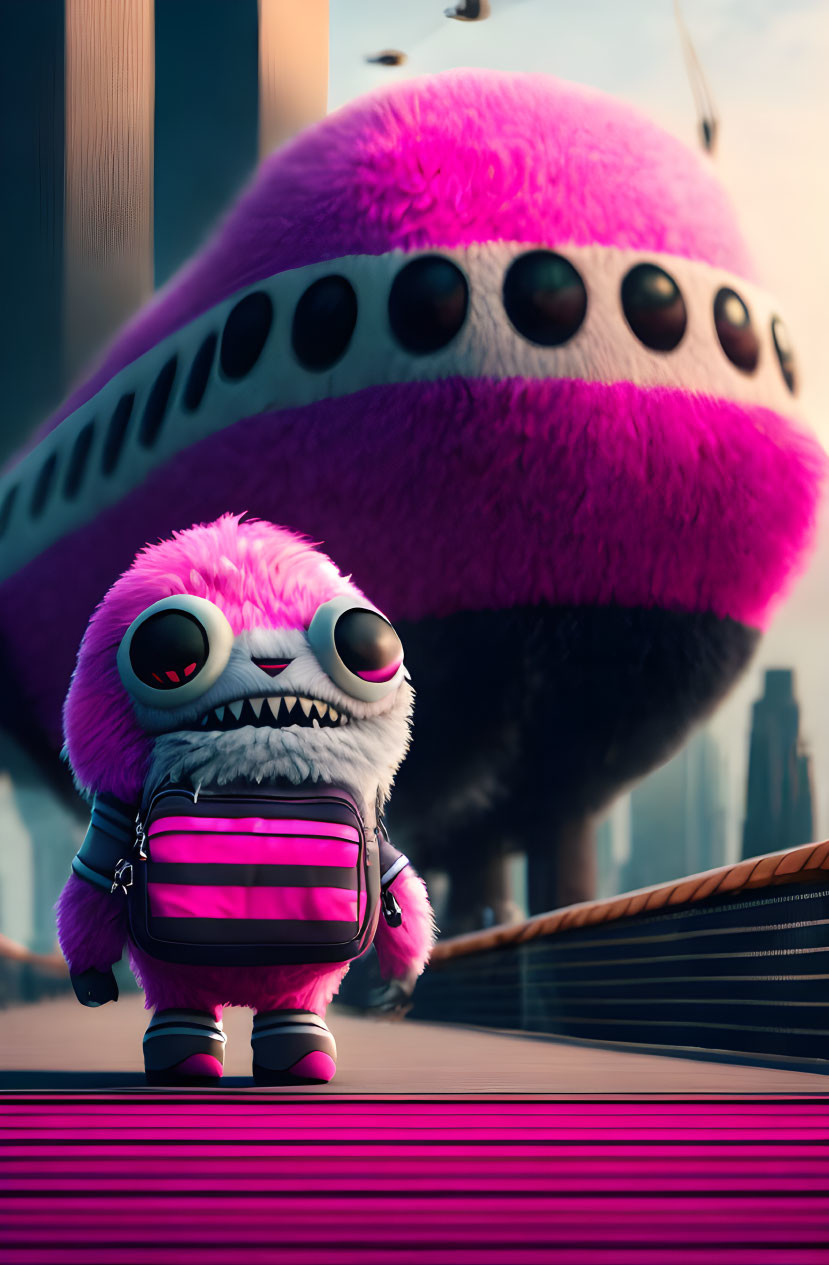 Pink furry creature with large eyes and backpack in futuristic cityscape
