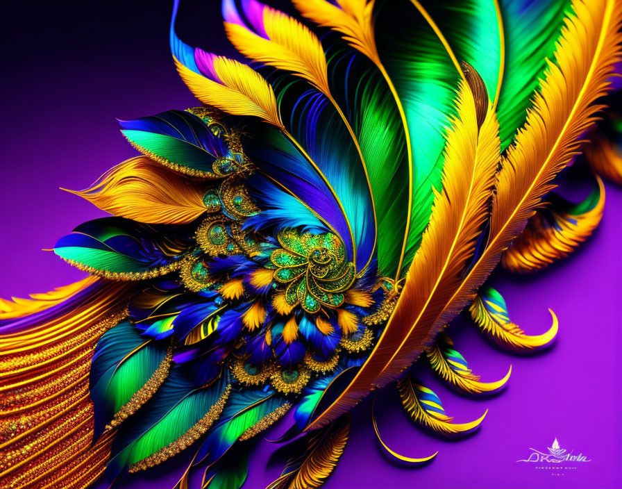 Colorful Feathers Swirling on Purple Background with Yellow, Green, and Blue Hues