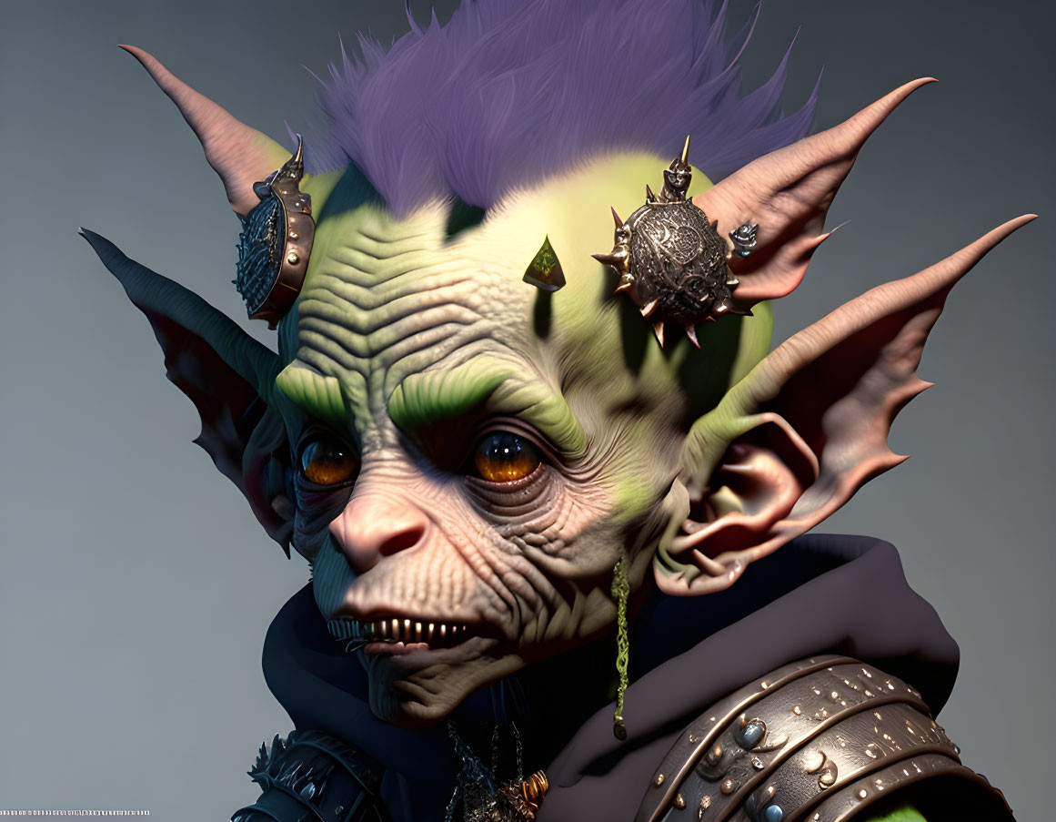 Detailed 3D render of fantastical creature with green skin, purple hair, large ears, and