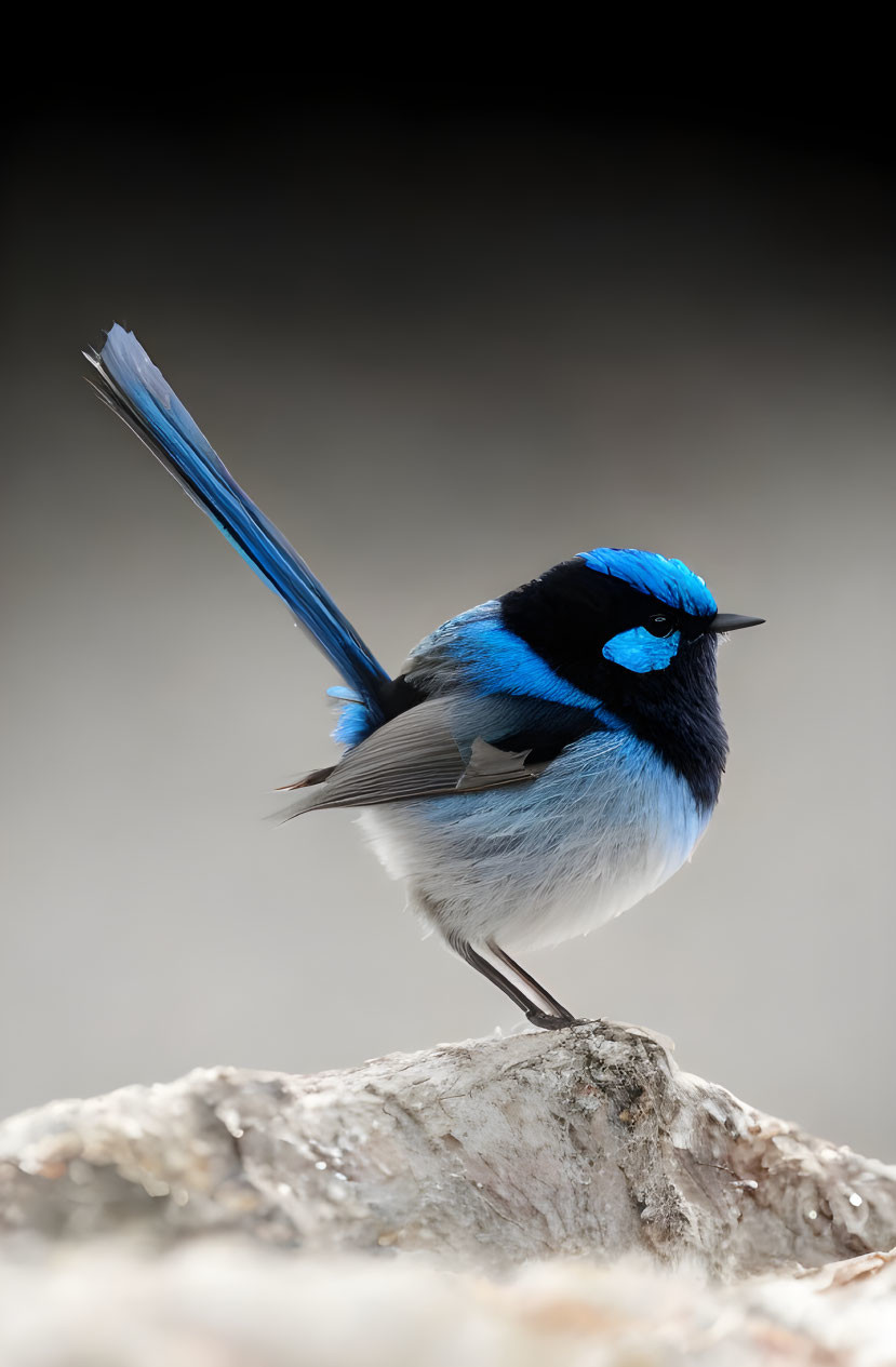 Blue fairy wren perched on rock with fanned tail feathers