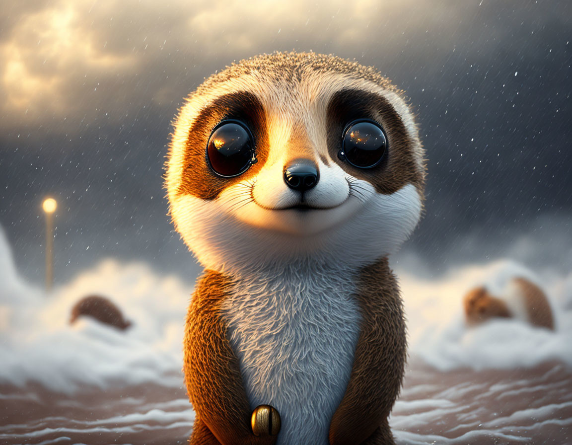 Anthropomorphic meerkat in snowy landscape with expressive eyes