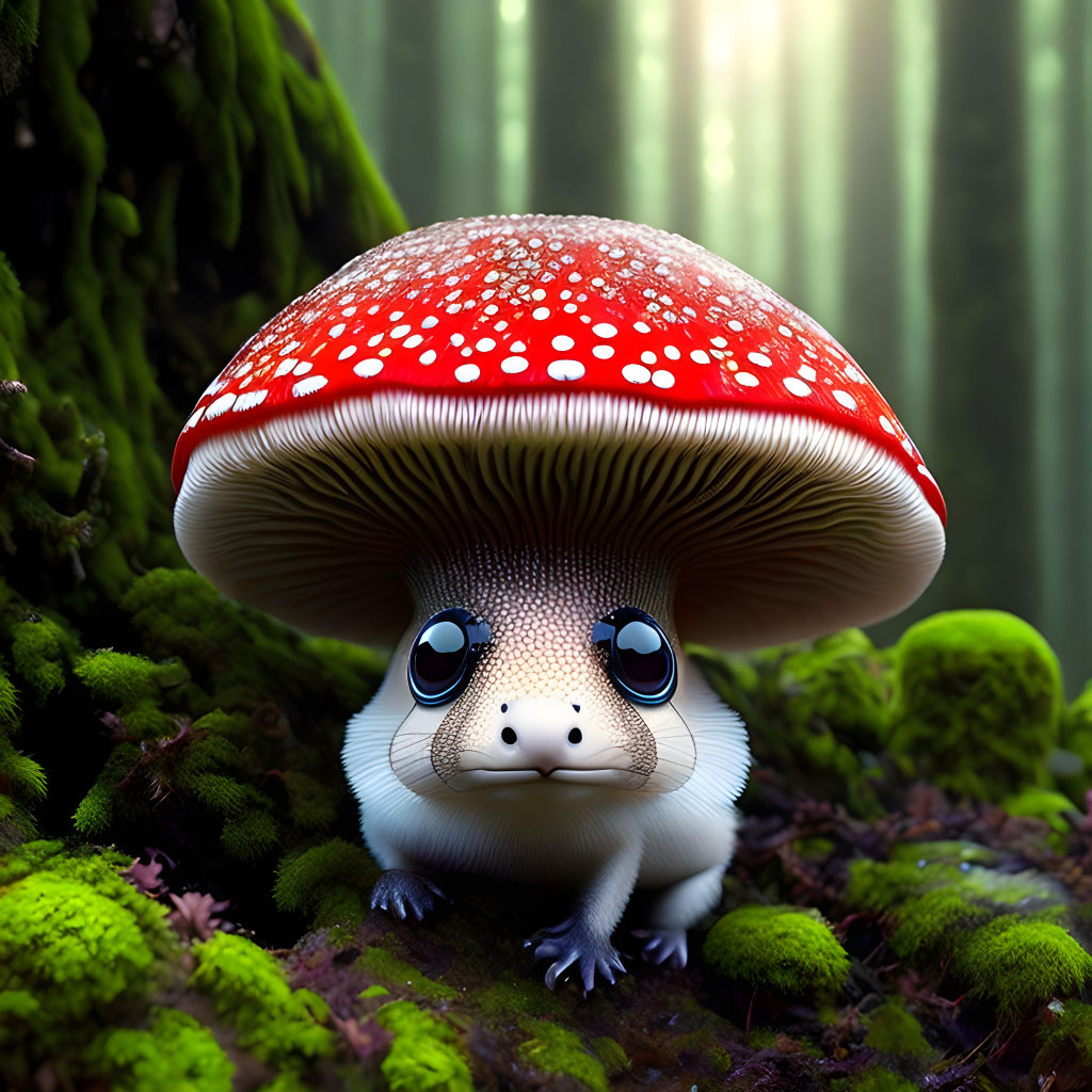 Illustration of creature with animal body and mushroom cap in lush forest