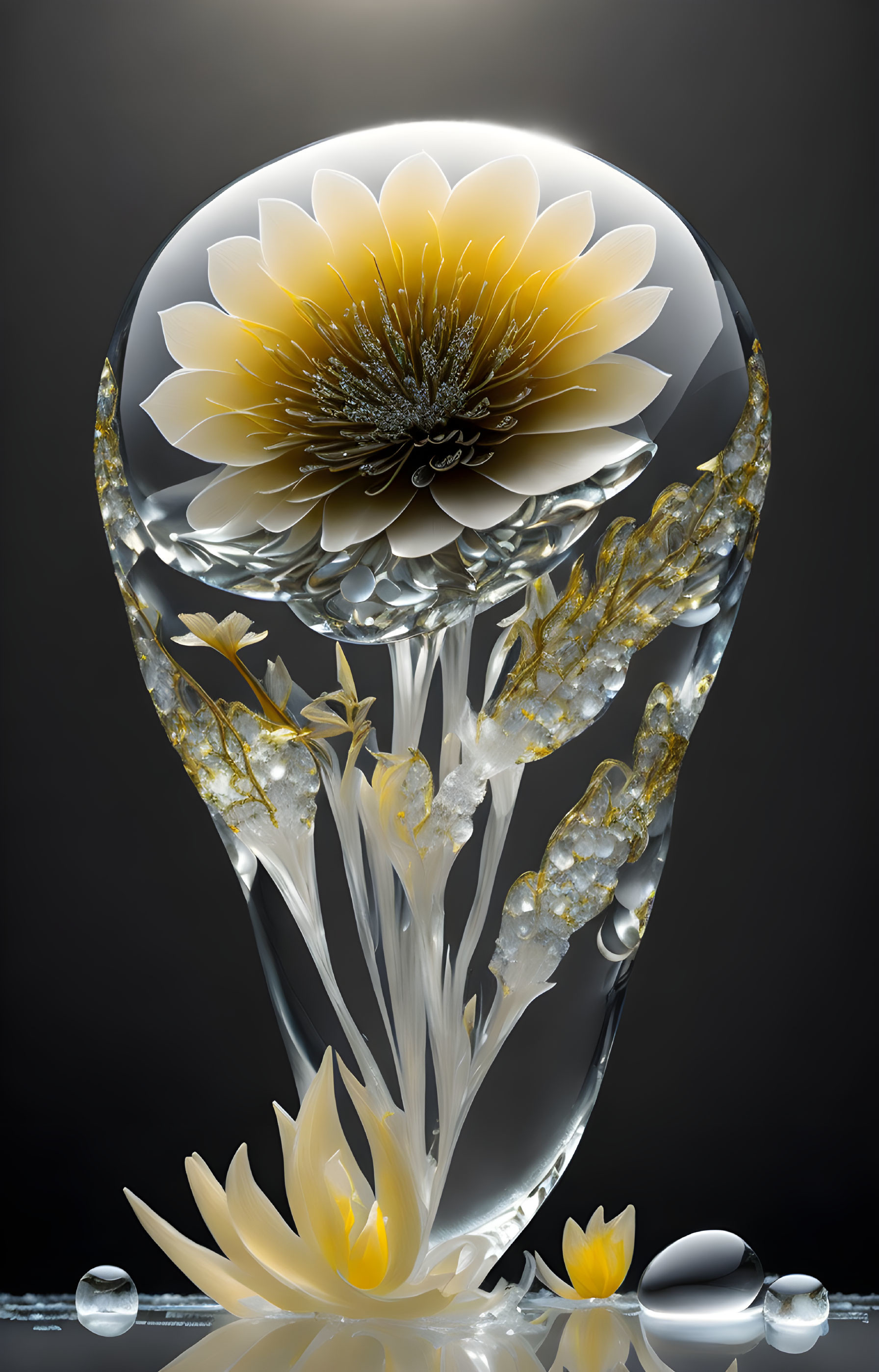 Translucent vase with golden flower design on dark background