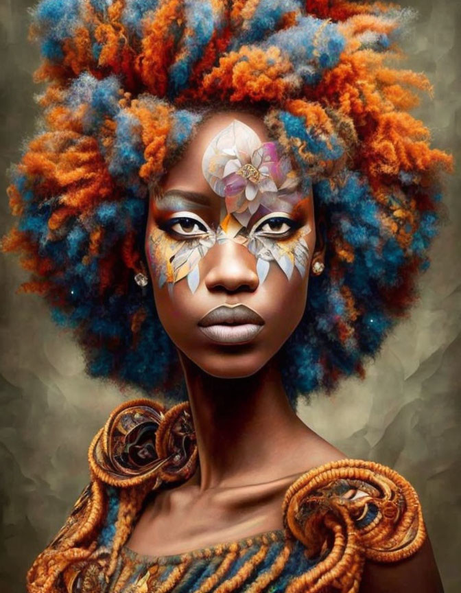 Woman with Vibrant Blue and Orange Afro Hair and Golden Floral Makeup