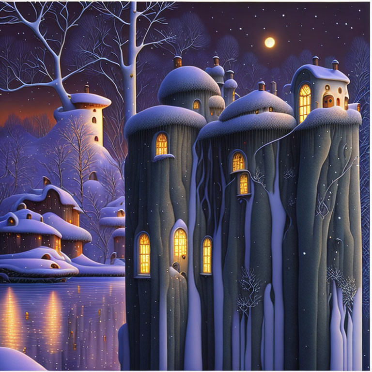 Snow-covered fantasy houses on tall pillars in a starry night landscape