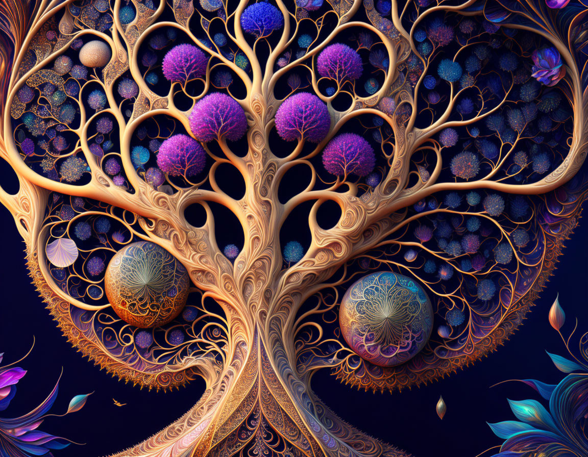 Colorful Stylized Tree with Ornate Patterns and Spherical Shapes