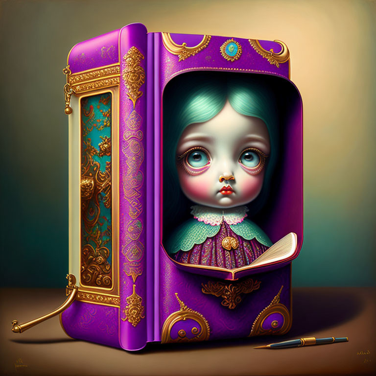 Surreal illustration of doll-like character in ornate, purple book-shaped box