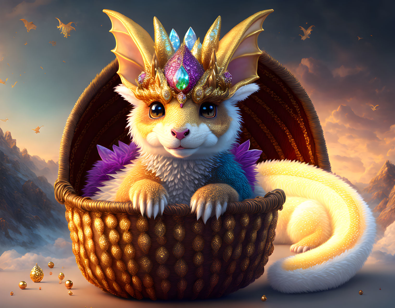 Whimsical creature with crown in woven basket on mountain backdrop