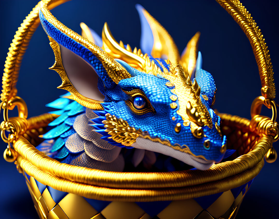 Blue and Gold Dragon in Ornate Basket on Deep Blue Background