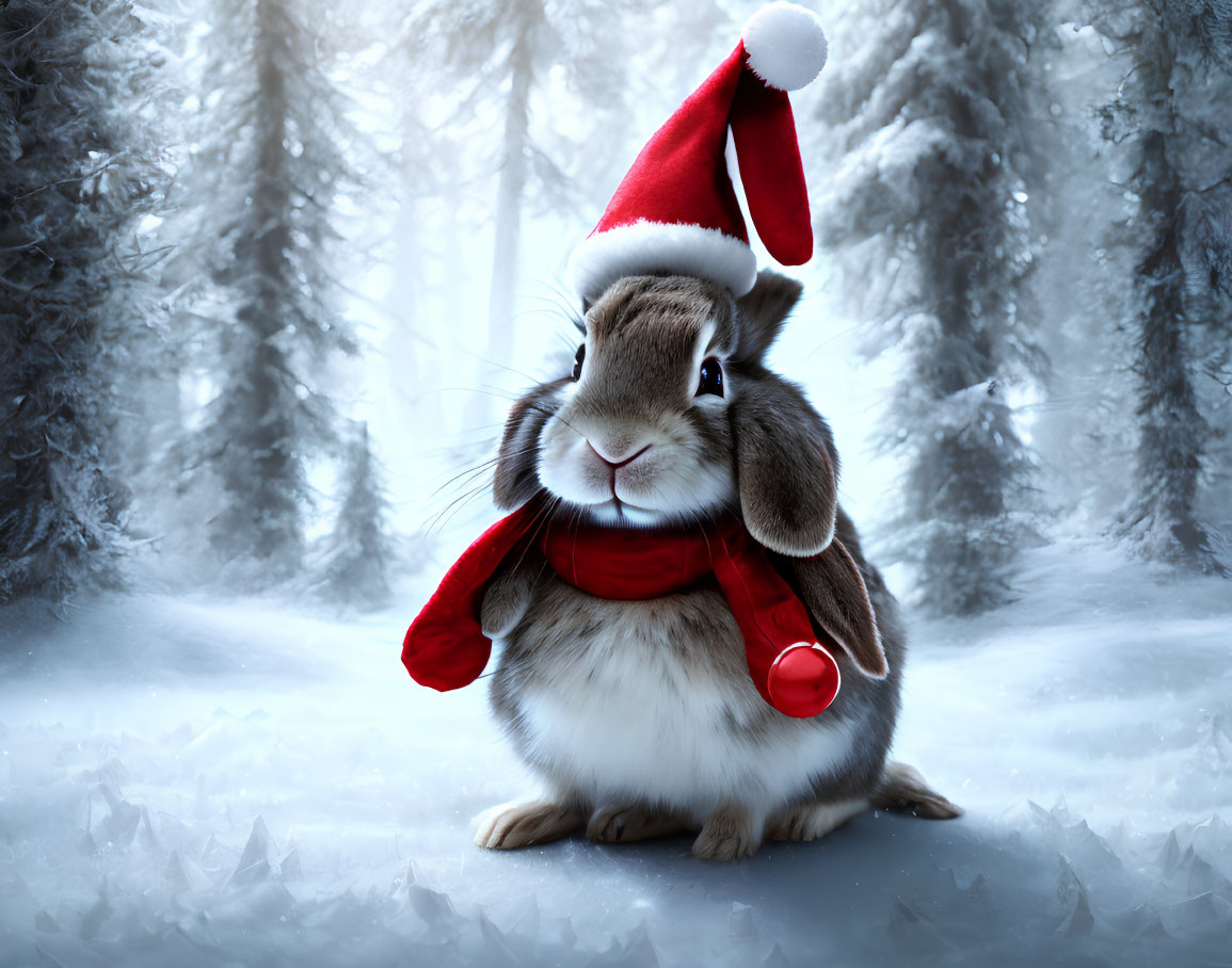 Adorable Rabbit in Santa Hat and Red Scarf in Snowy Forest